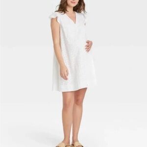 The Nines by HATCH Flutter Short Sleeve Eyelet Maternity Dress
White